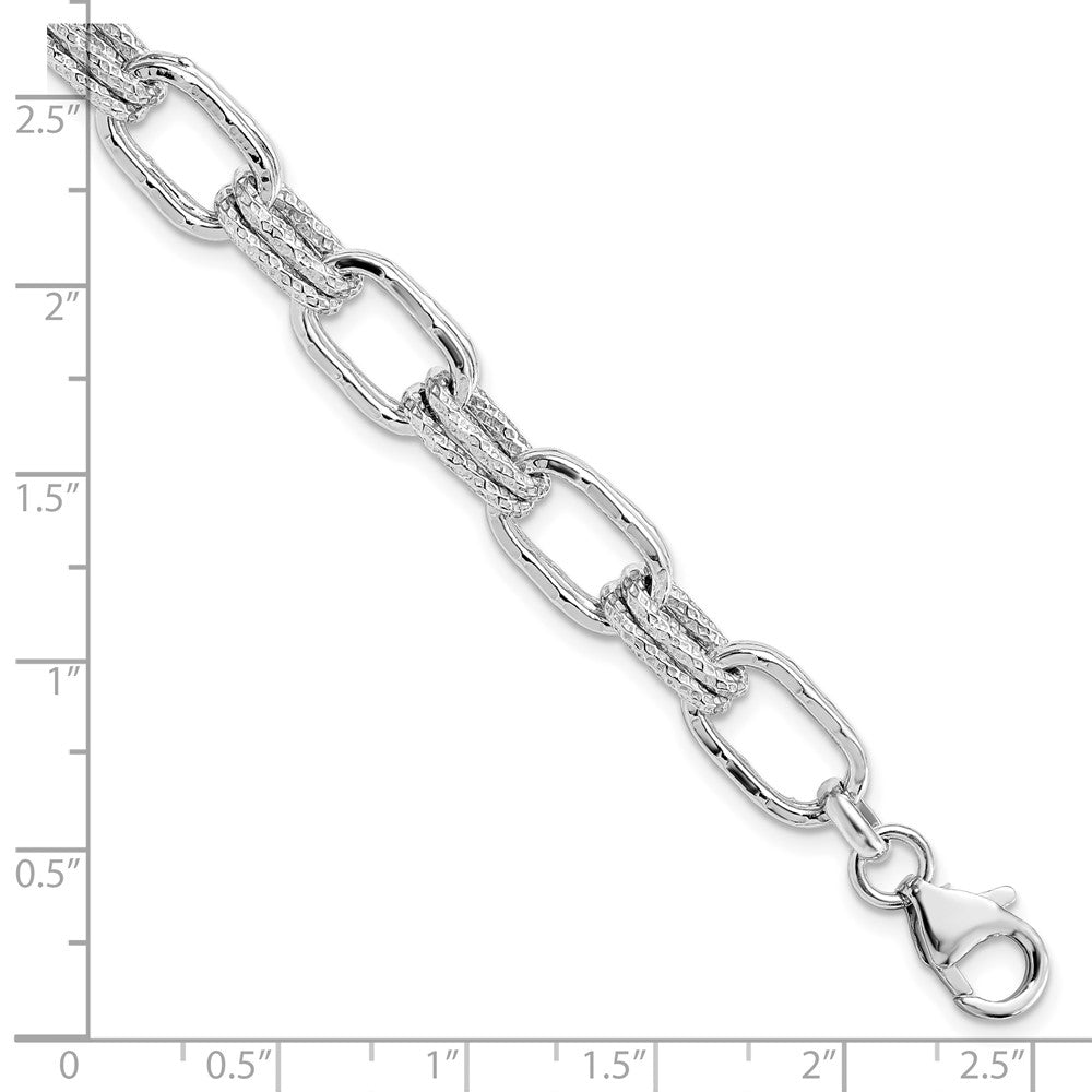 925 Sterling Silver 2.5mm Rhodium-plated Polished and Textured Link Bracelet 7.5 inch