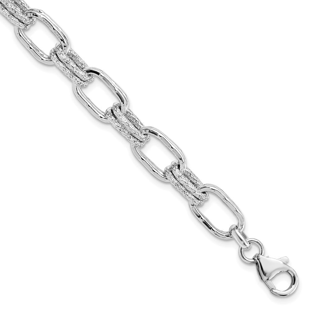 925 Sterling Silver 2.5mm Rhodium-plated Polished and Textured Link Bracelet 7.5 inch