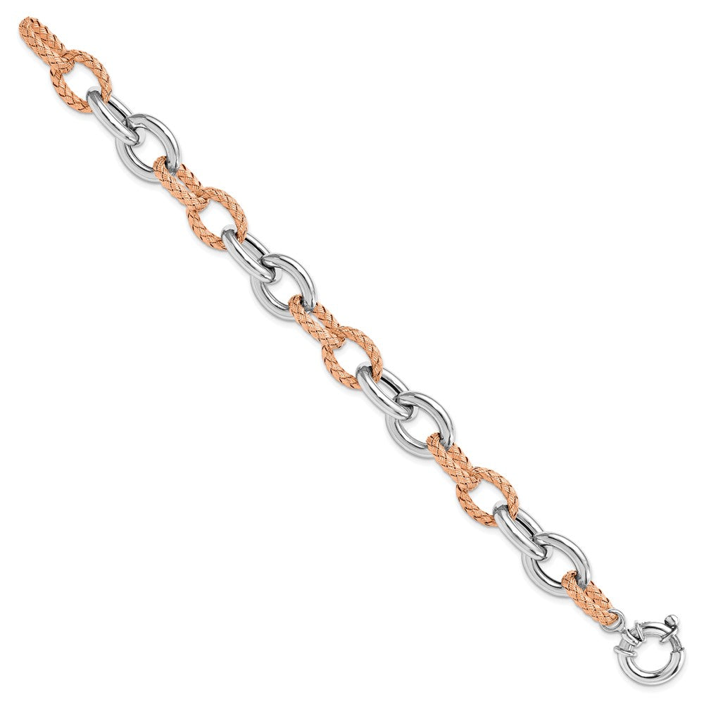 925 Sterling Silver Rose-tone Polished & Woven Link Bracelet 7.5 inch