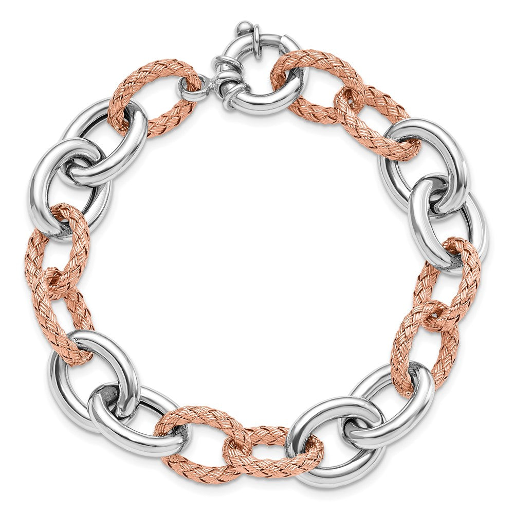 925 Sterling Silver Rose-tone Polished & Woven Link Bracelet 7.5 inch