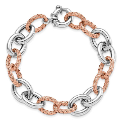 925 Sterling Silver Rose-tone Polished & Woven Link Bracelet 7.5 inch