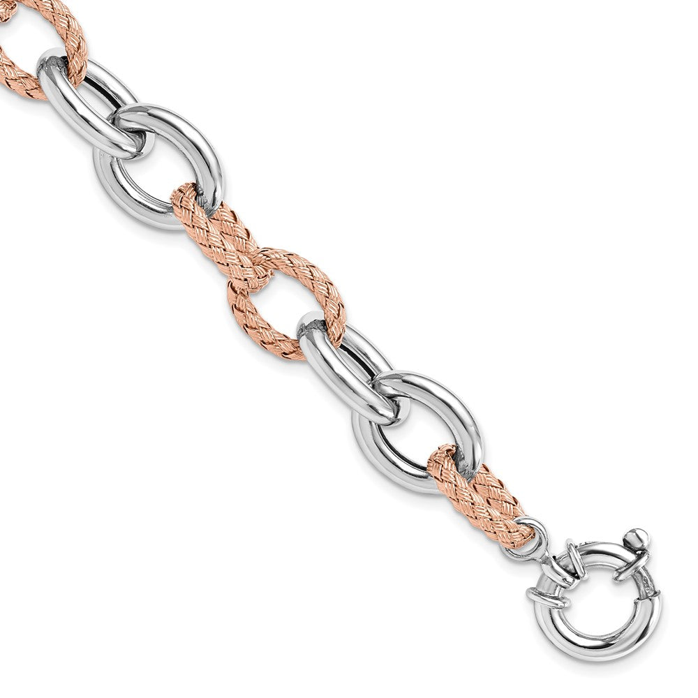 925 Sterling Silver Rose-tone Polished & Woven Link Bracelet 7.5 inch