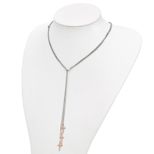 Sterling Silver 3 Rose-tone Cross Adj up to Slip-on Necklace 24"