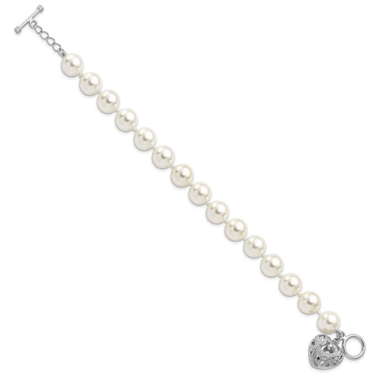925 Sterling Silver Rhodium-plated 10-11mm White Imitation Shell Pearl with Heart Hand-knotted Bracelet 8 Inch