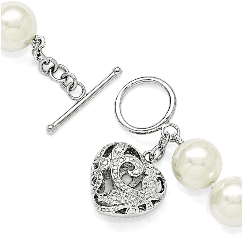 925 Sterling Silver Rhodium-plated 10-11mm White Imitation Shell Pearl with Heart Hand-knotted Bracelet 8 Inch