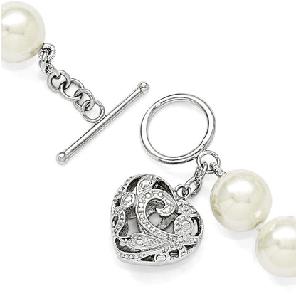 925 Sterling Silver Rhodium-plated 10-11mm White Imitation Shell Pearl with Heart Hand-knotted Bracelet 8 Inch