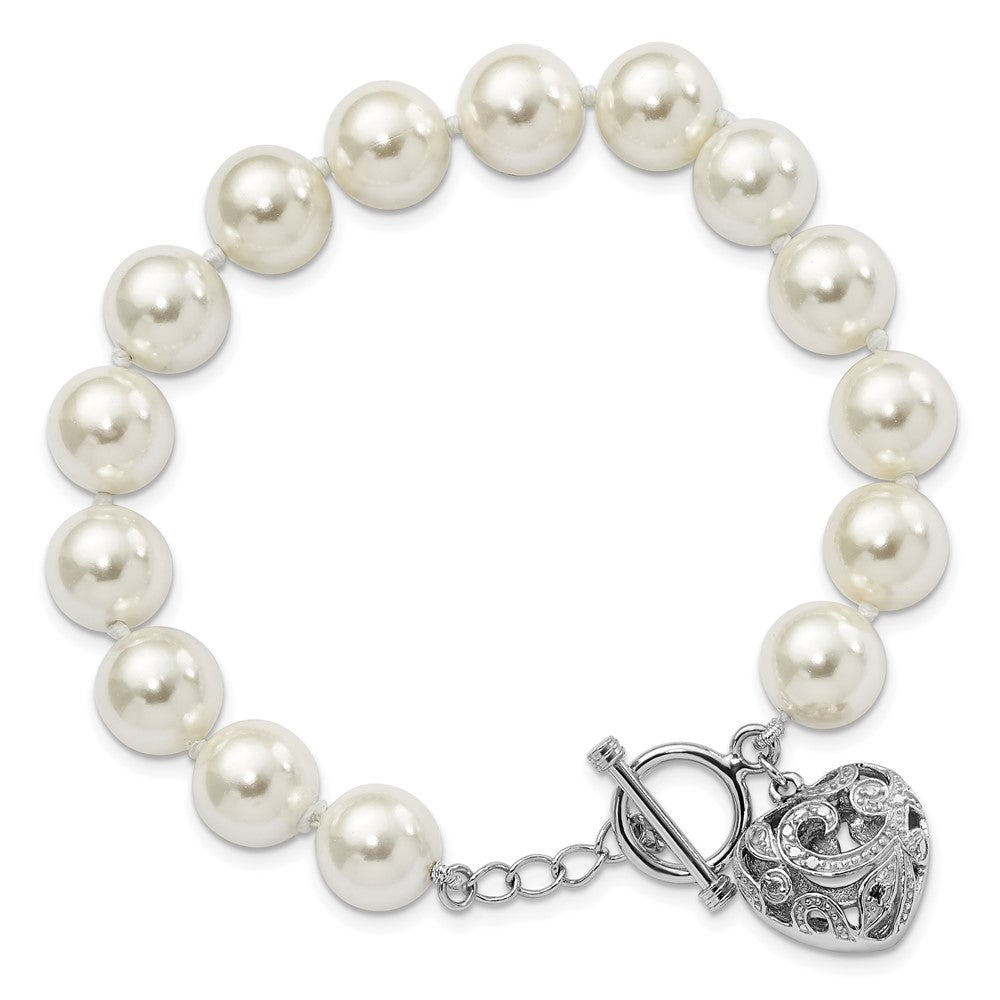 925 Sterling Silver Rhodium-plated 10-11mm White Imitation Shell Pearl with Heart Hand-knotted Bracelet 8 Inch