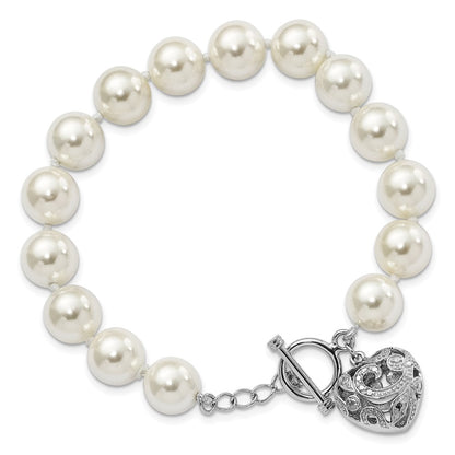 925 Sterling Silver Rhodium-plated 10-11mm White Imitation Shell Pearl with Heart Hand-knotted Bracelet 8 Inch