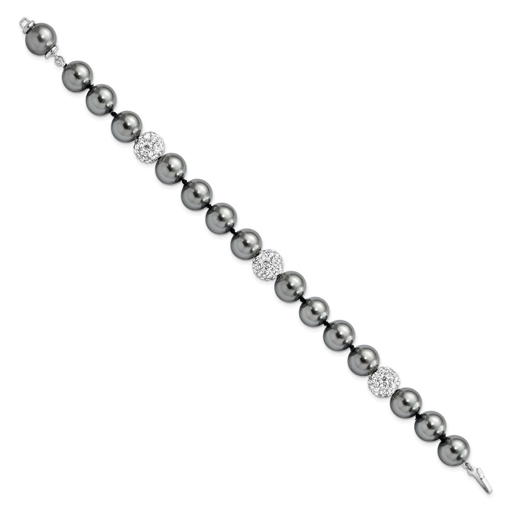 925 Sterling Silver Rhodium-plated 10-11mm Dark Grey Imitation Shell Pearl Crystal Hand-knotted Bracelet 8 Inch