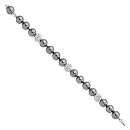 925 Sterling Silver Rhodium-plated 10-11mm Dark Grey Imitation Shell Pearl Crystal Hand-knotted Bracelet 8 Inch