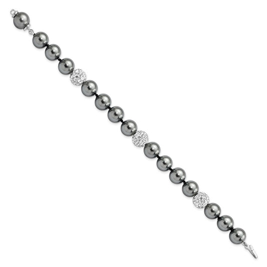 925 Sterling Silver Rhodium-plated 10-11mm Dark Grey Imitation Shell Pearl Crystal Hand-knotted Bracelet 8 Inch