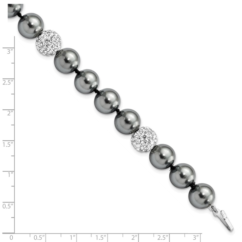 925 Sterling Silver Rhodium-plated 10-11mm Dark Grey Imitation Shell Pearl Crystal Hand-knotted Bracelet 8 Inch