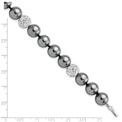 925 Sterling Silver Rhodium-plated 10-11mm Dark Grey Imitation Shell Pearl Crystal Hand-knotted Bracelet 8 Inch