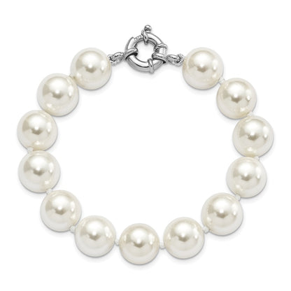 925 Sterling Silver Rhodium-plated 12-13mm White Imitation Shell Pearl Hand-knotted Bracelet 8 Inch