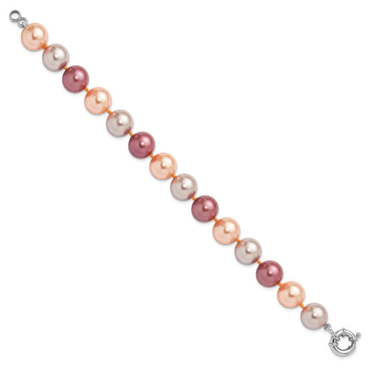 925 Sterling Silver Rhodium-plated 12-13mm Pink/Purple/Grey Imit Shell Pearl Bracelet 8 Inch