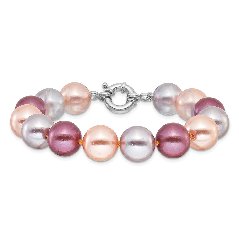 925 Sterling Silver Rhodium-plated 12-13mm Pink/Purple/Grey Imit Shell Pearl Bracelet 8 Inch