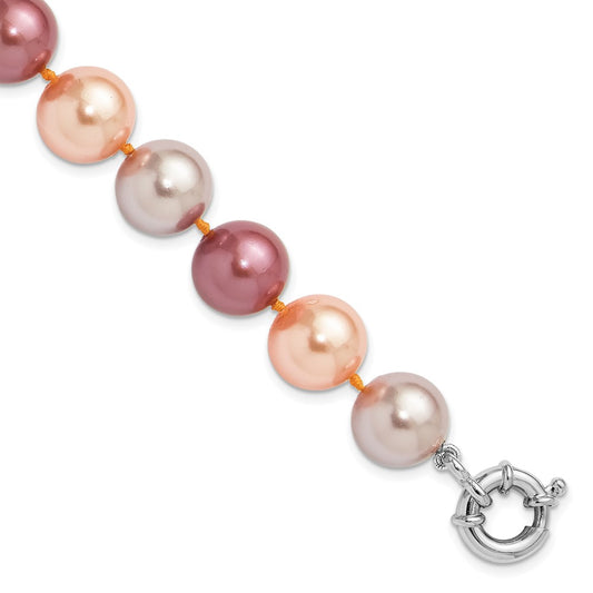 925 Sterling Silver Rhodium-plated 12-13mm Pink/Purple/Grey Imit Shell Pearl Bracelet 8 Inch