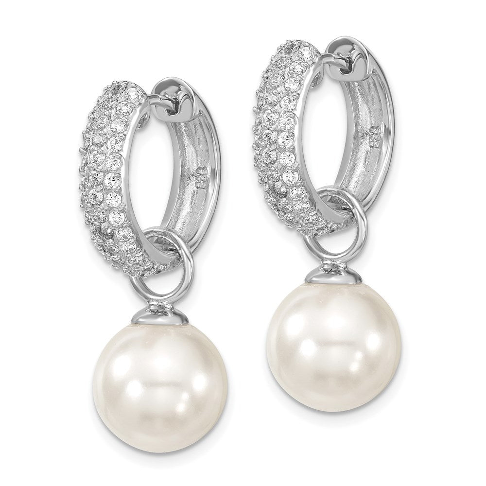 Sterling Silver Rhodium-plated 12-13mm Black and White Interchangeable Shell Pearl & CZ Hinged Hoop Earrings