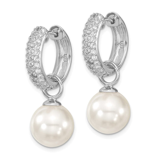 Sterling Silver Rhodium-plated 12-13mm Black and White Interchangeable Shell Pearl & CZ Hinged Hoop Earrings