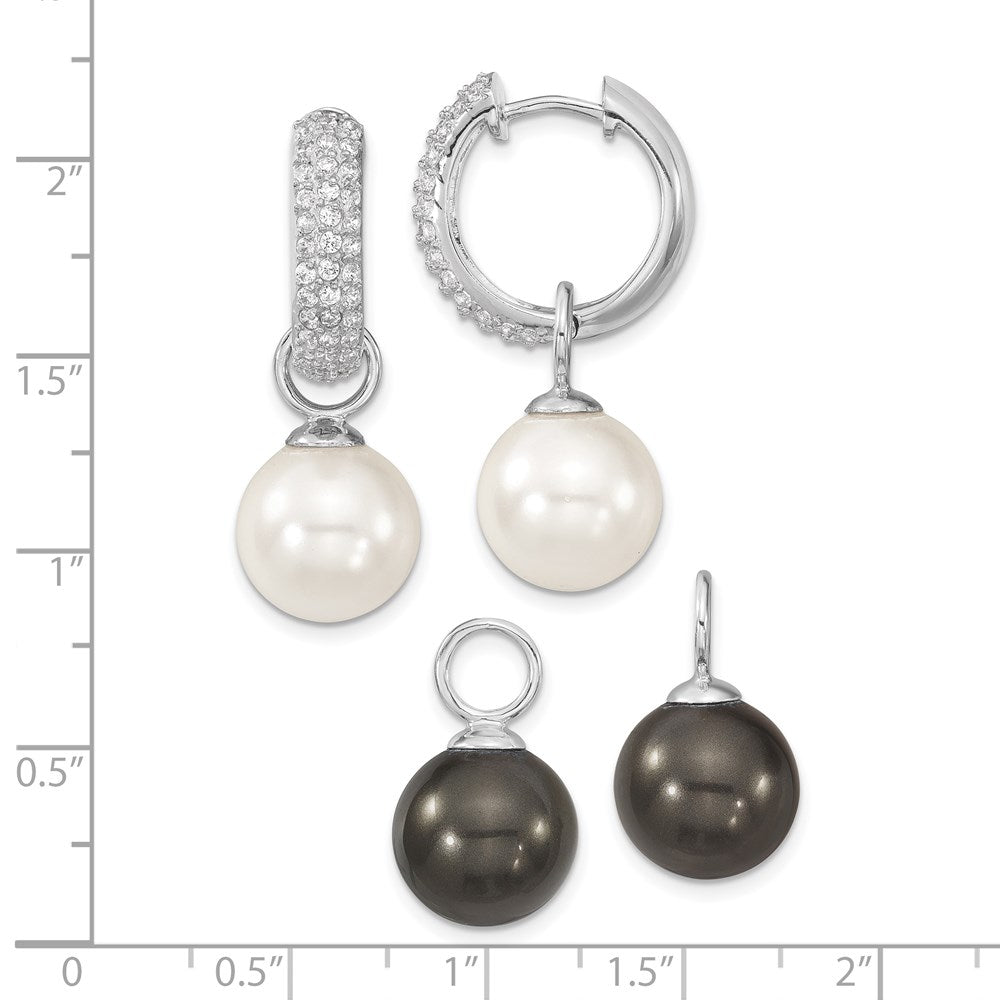 Sterling Silver Rhodium-plated 12-13mm Black and White Interchangeable Shell Pearl & CZ Hinged Hoop Earrings