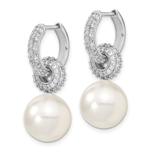 Sterling Silver Rhodium-plated 12-13mm White Imitation Shell Pearl & CZ Dangle Endless Hoop Earrings