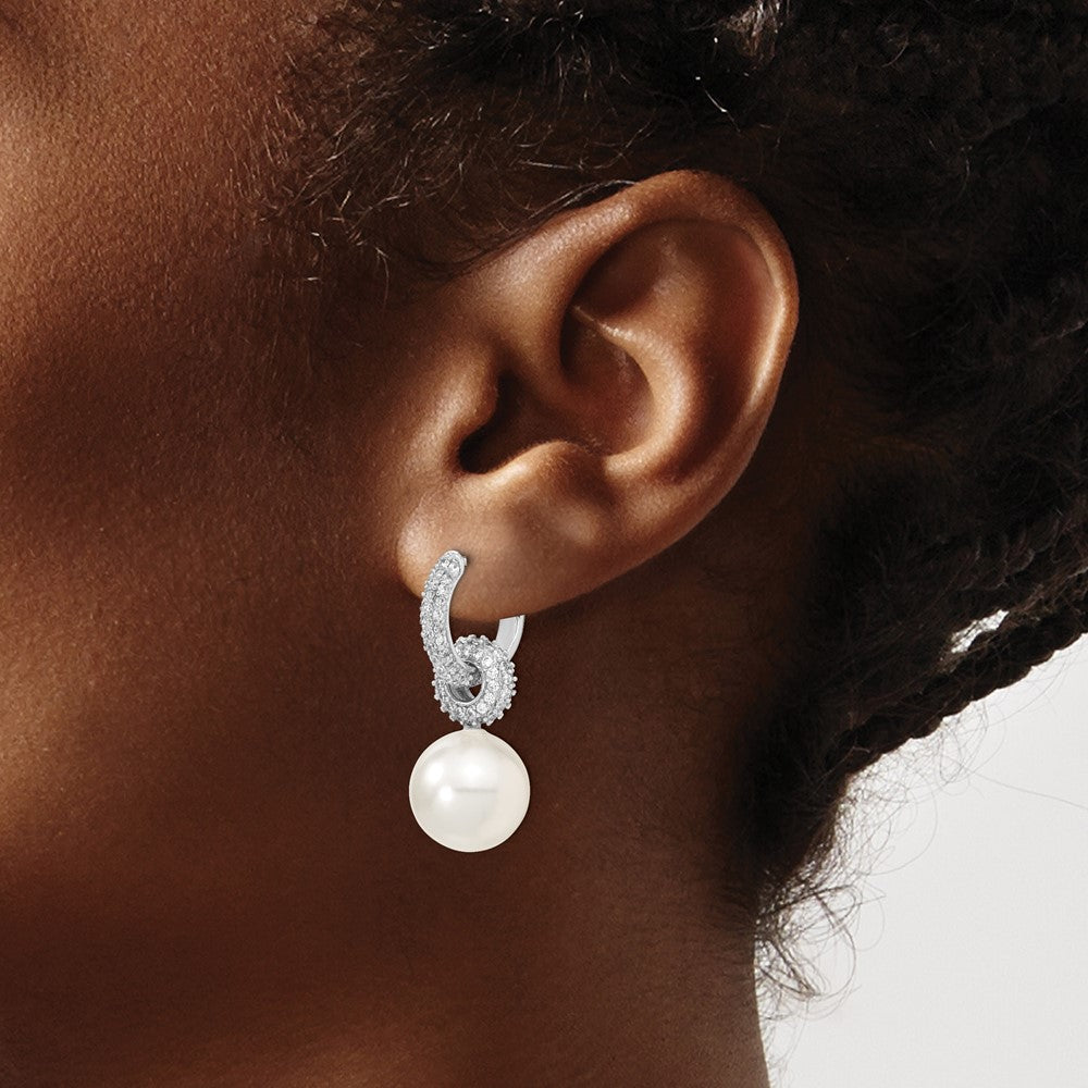 Sterling Silver Rhodium-plated 12-13mm White Imitation Shell Pearl & CZ Dangle Endless Hoop Earrings