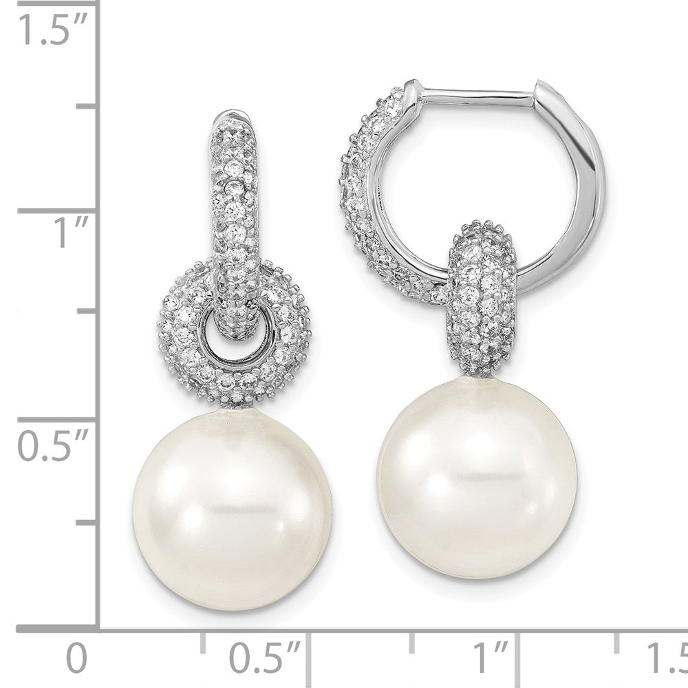 Sterling Silver Rhodium-plated 12-13mm White Imitation Shell Pearl & CZ Dangle Endless Hoop Earrings