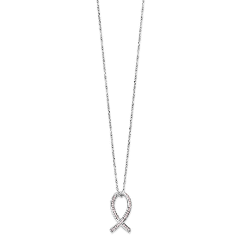 Sterling Silver 38 Stone Pink CZ Awareness Ribbon Necklace 18"