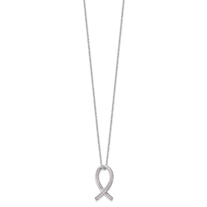 Sterling Silver 38 Stone Pink CZ Awareness Ribbon Necklace 18"