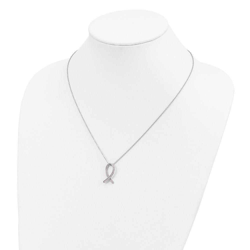 Sterling Silver 38 Stone Pink CZ Awareness Ribbon Necklace 18"
