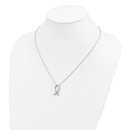 Sterling Silver 38 Stone Pink CZ Awareness Ribbon Necklace 18"