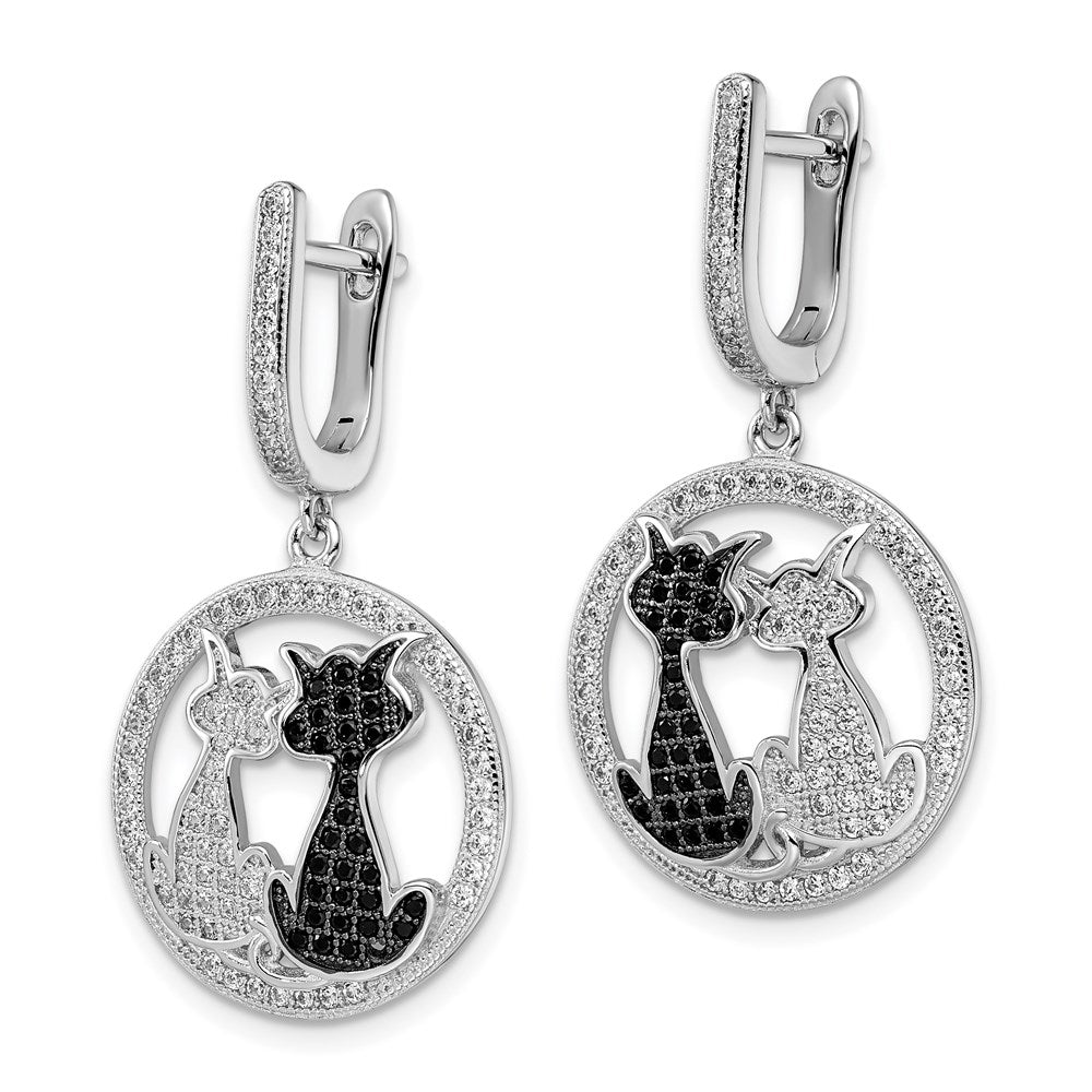Sterling Silver Rhodium-plated Black and White CZ Cat Dangle Hinged Hoop Earrings