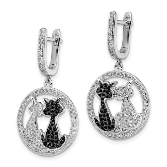 Sterling Silver Rhodium-plated Black and White CZ Cat Dangle Hinged Hoop Earrings
