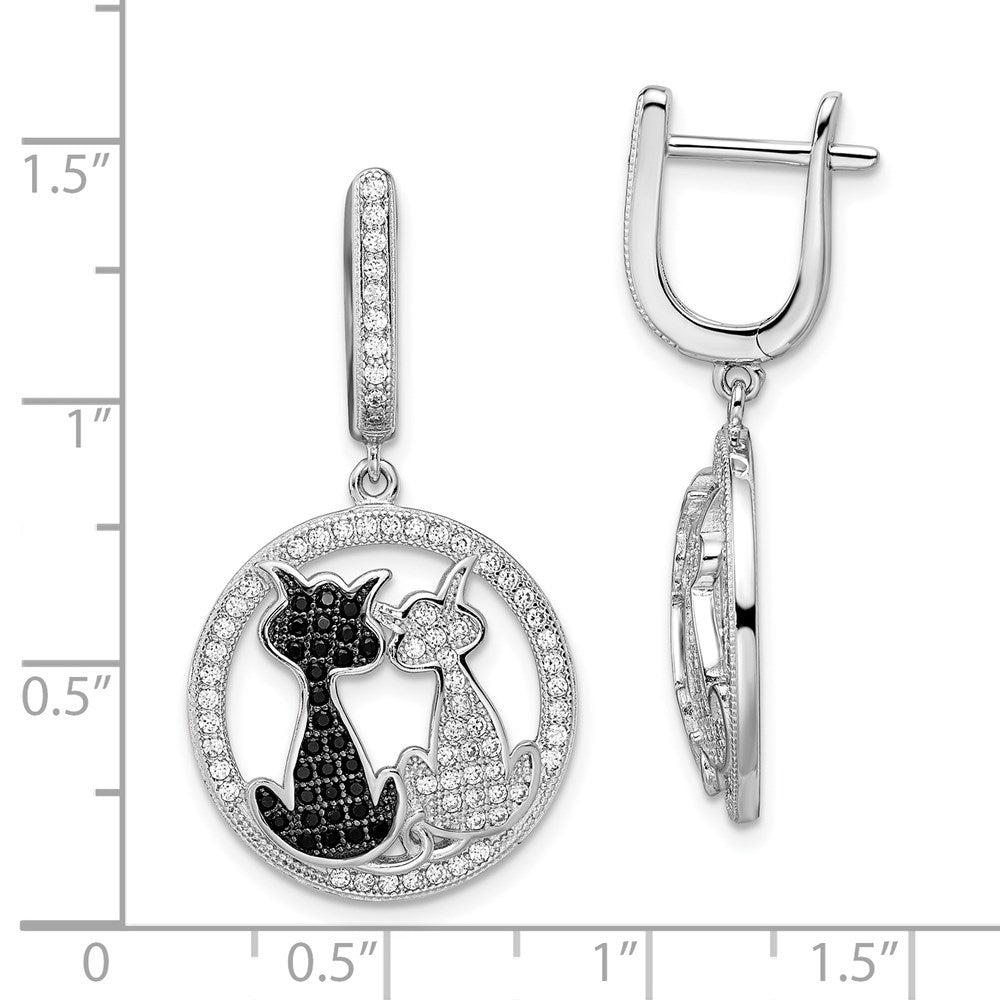 Sterling Silver Rhodium-plated Black and White CZ Cat Dangle Hinged Hoop Earrings