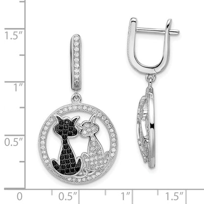 Sterling Silver Rhodium-plated Black and White CZ Cat Dangle Hinged Hoop Earrings