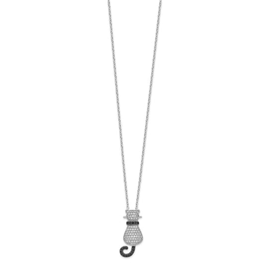 Sterling Silver 80 Stone Black and White CZ Polished Cat Necklace 18"