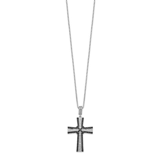 Sterling Silver Black and White Cubic Zirconia Cross Necklace 18"