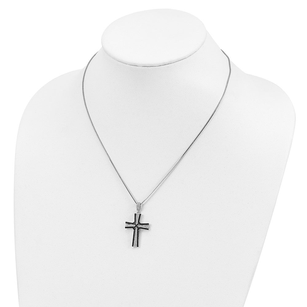 Sterling Silver Black and White Cubic Zirconia Cross Necklace 18"