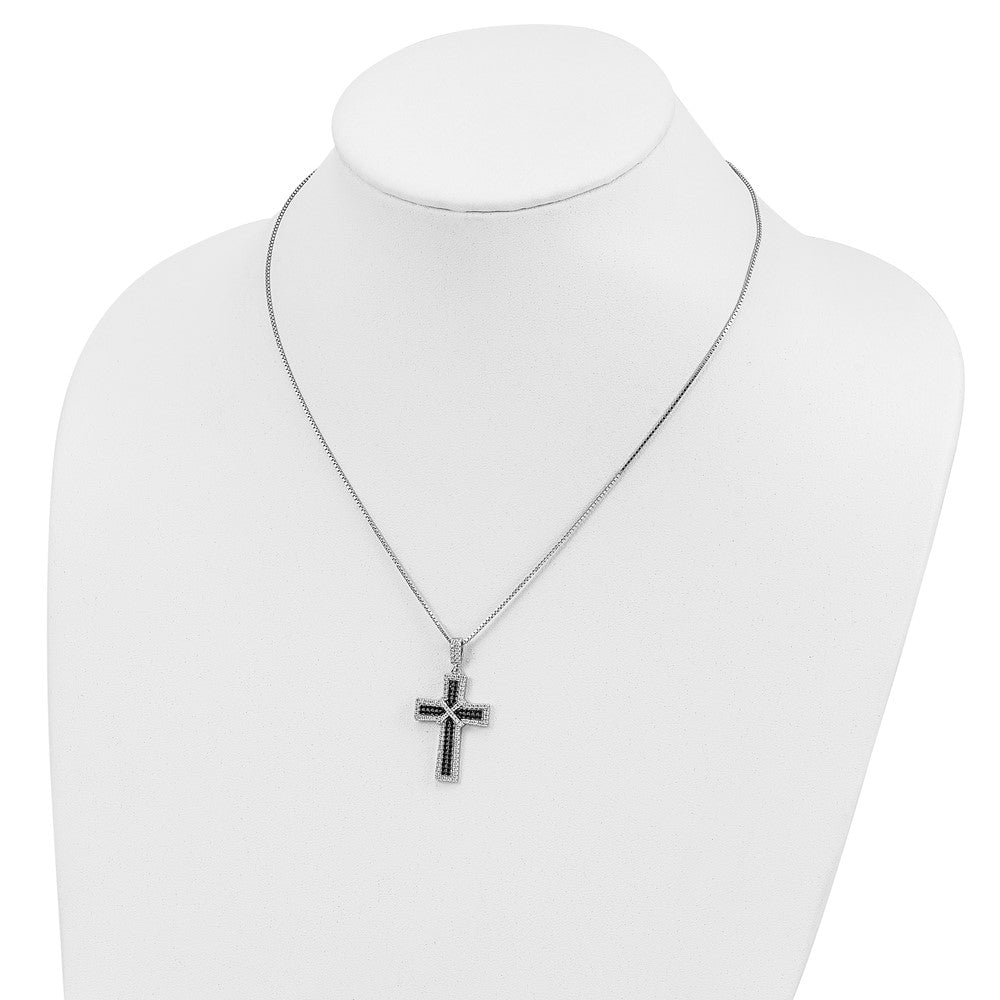 Sterling Silver 156 Stone Black and White Cubic Zirconia Polished Cross Necklace 18"