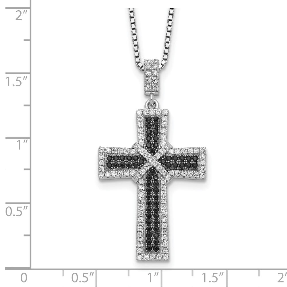 Sterling Silver 156 Stone Black and White Cubic Zirconia Polished Cross Necklace 18"