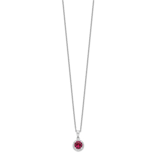 Sterling Silver 20 Stone Red Corundum and Clear CZ Halo Necklace 18"