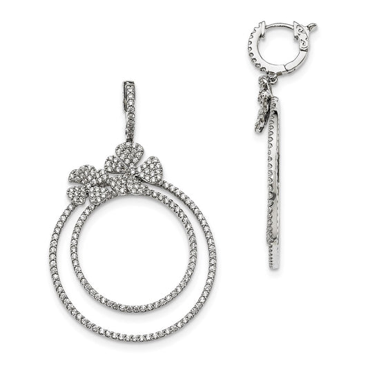 925 Sterling Silver Rhodium-plated CZ Hinged Hoop Dangle Earrings