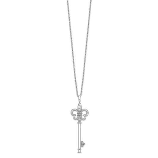Sterling Silver 33 Stone CZ Polished Key Necklace 18"