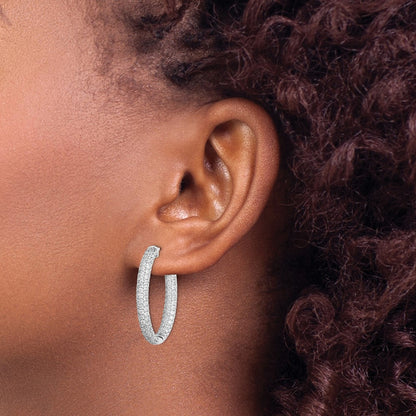 Sterling Silver Rhodium-plated 1.5mm CZ In and Out Oval Hinged Hoop Earrings