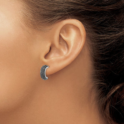 Sterling Silver Rhodium-plated Black Micro CZ J Hoop Earrings