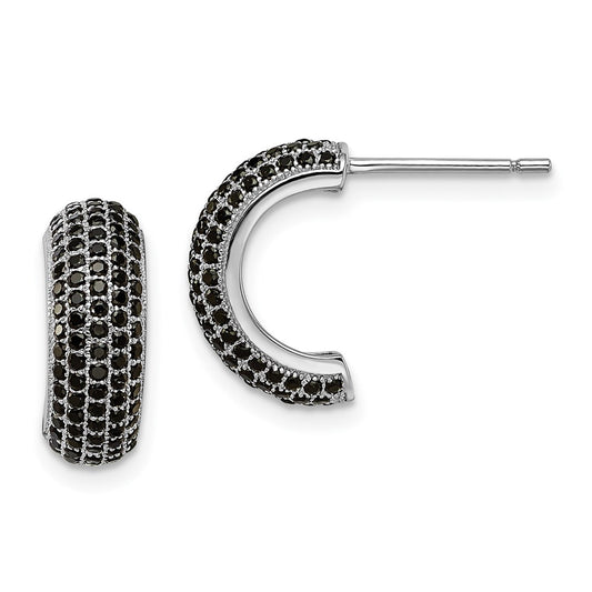Sterling Silver Rhodium-plated Black Micro CZ J Hoop Earrings