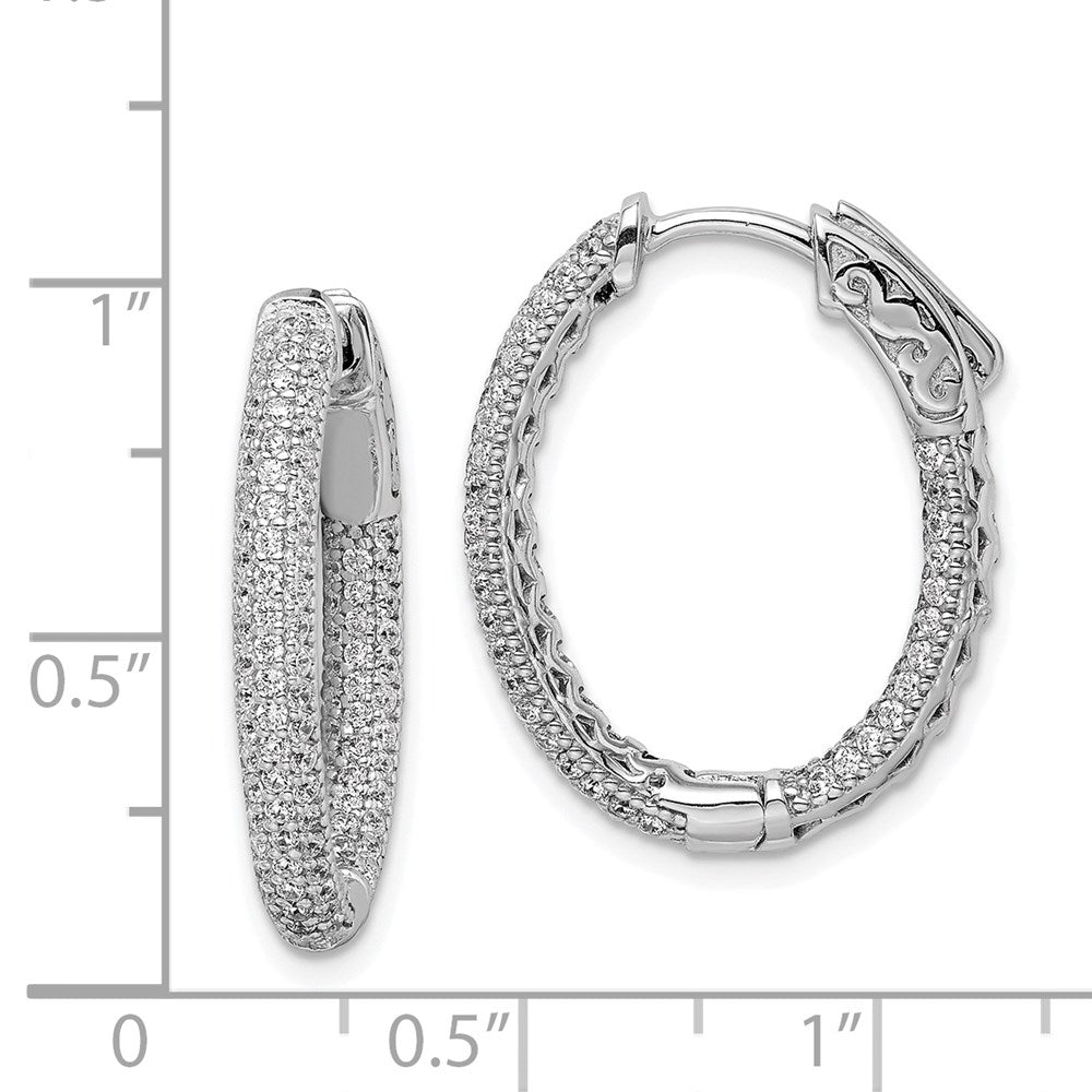 Sterling Silver Rhodium-plated 1.1mm CZ In and Out Oval Hinged Hoop Earrings