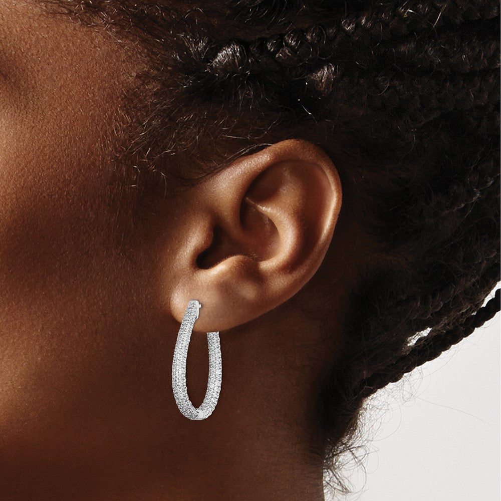 Sterling Silver Rhodium-plated 21.2mm-1.5mm CZ In and Out Teardrop Hinged Hoop Earrings