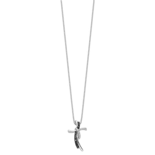 Sterling Silver Black and White Diamond Cross Necklace 18"