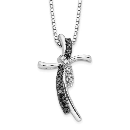 Sterling Silver Black and White Diamond Cross Necklace 18"